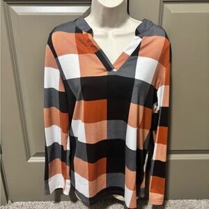 Plaid V-Neck Long Sleeve Top - Orange, Black, White